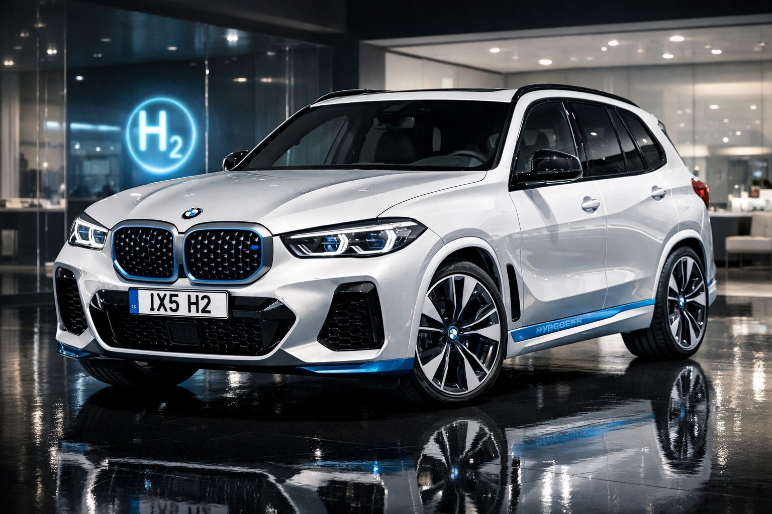 Automóvel BMW X5 H2 branco com detalhes azuis estacionado em piso refletivo interior.
