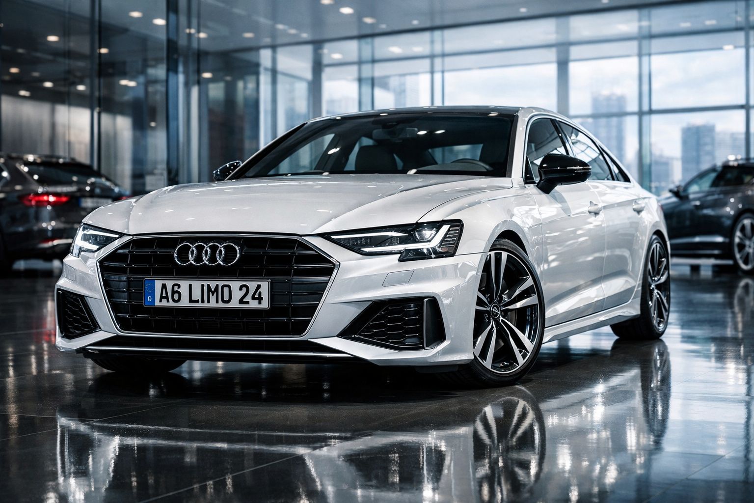 Carro Audi branco brilhante estacionado em ambiente moderno com vidros e reflexos no chão.