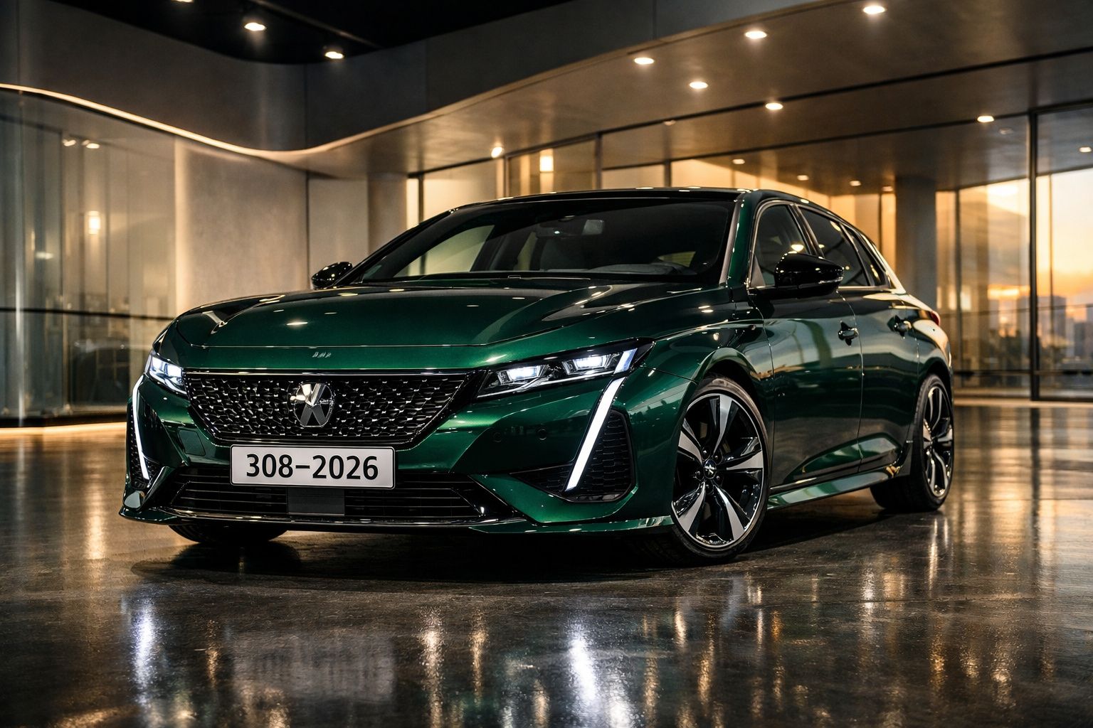 Carro desportivo verde escuro estacionado em ambiente moderno com chão espelhado e iluminação quente.