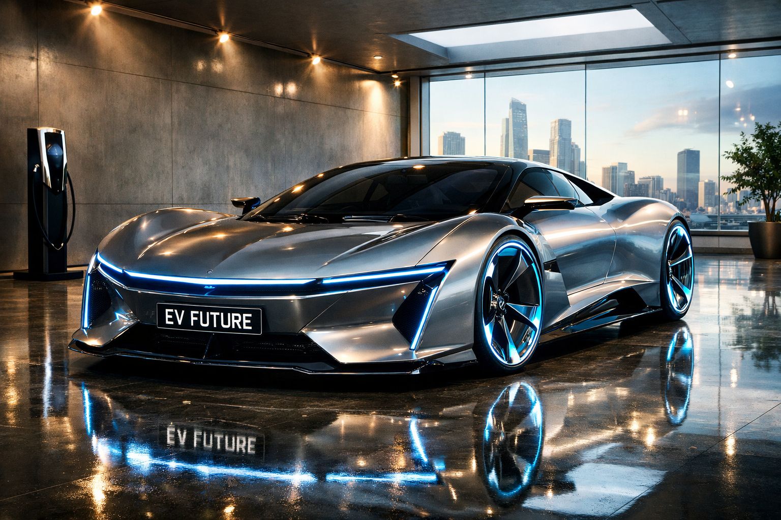 Carro elétrico prateado futurista num prédio urbano com janela panorâmica e skyline ao fundo.