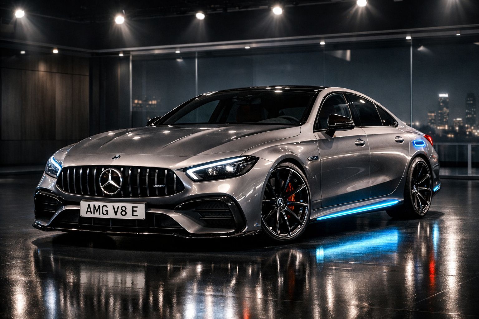 Carro Mercedes-Benz AMG cinza prateado com faróis LED e rodas desportivas num ambiente urbano noturno.