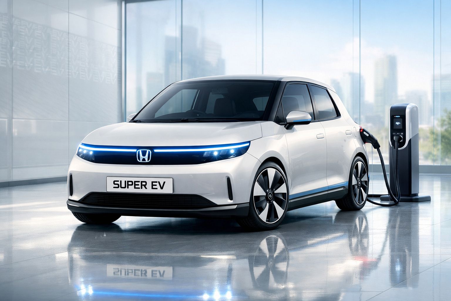 Carro elétrico branco Honda Super EV a carregar numa estação de carregamento moderna num interior iluminado.