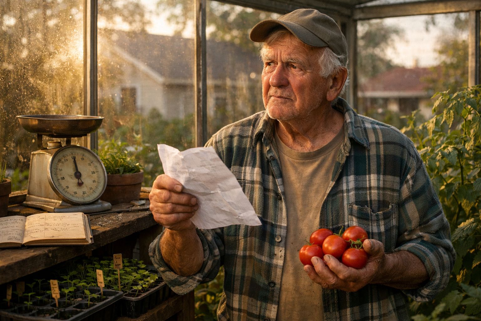 Homem idoso a segurar tomate e a ler papel numa estufa com balança e plantas ao fundo.