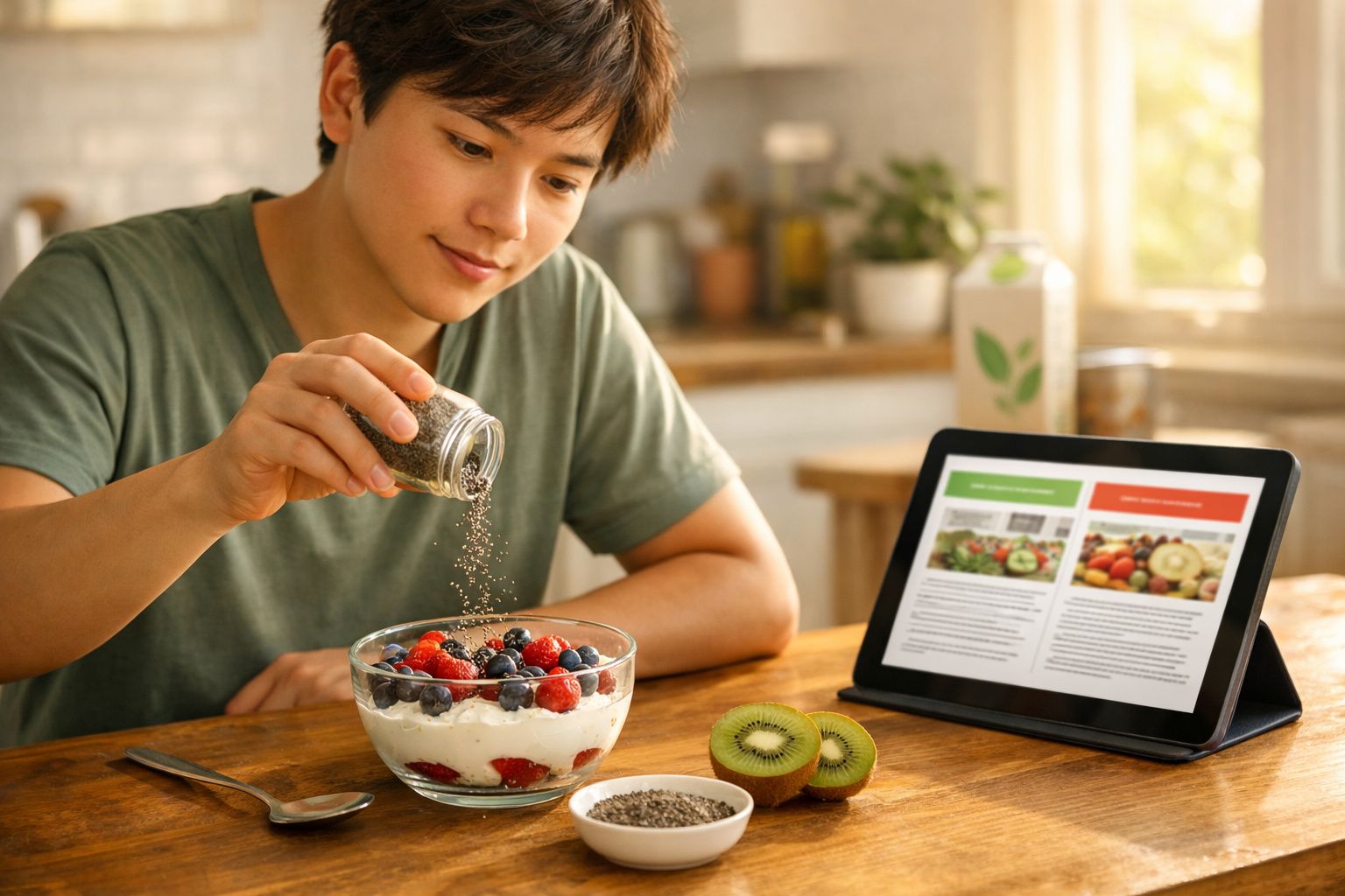 Pessoa a polvilhar sementes numa taça de iogurte com frutos vermelhos, com tablet e kiwi na mesa.