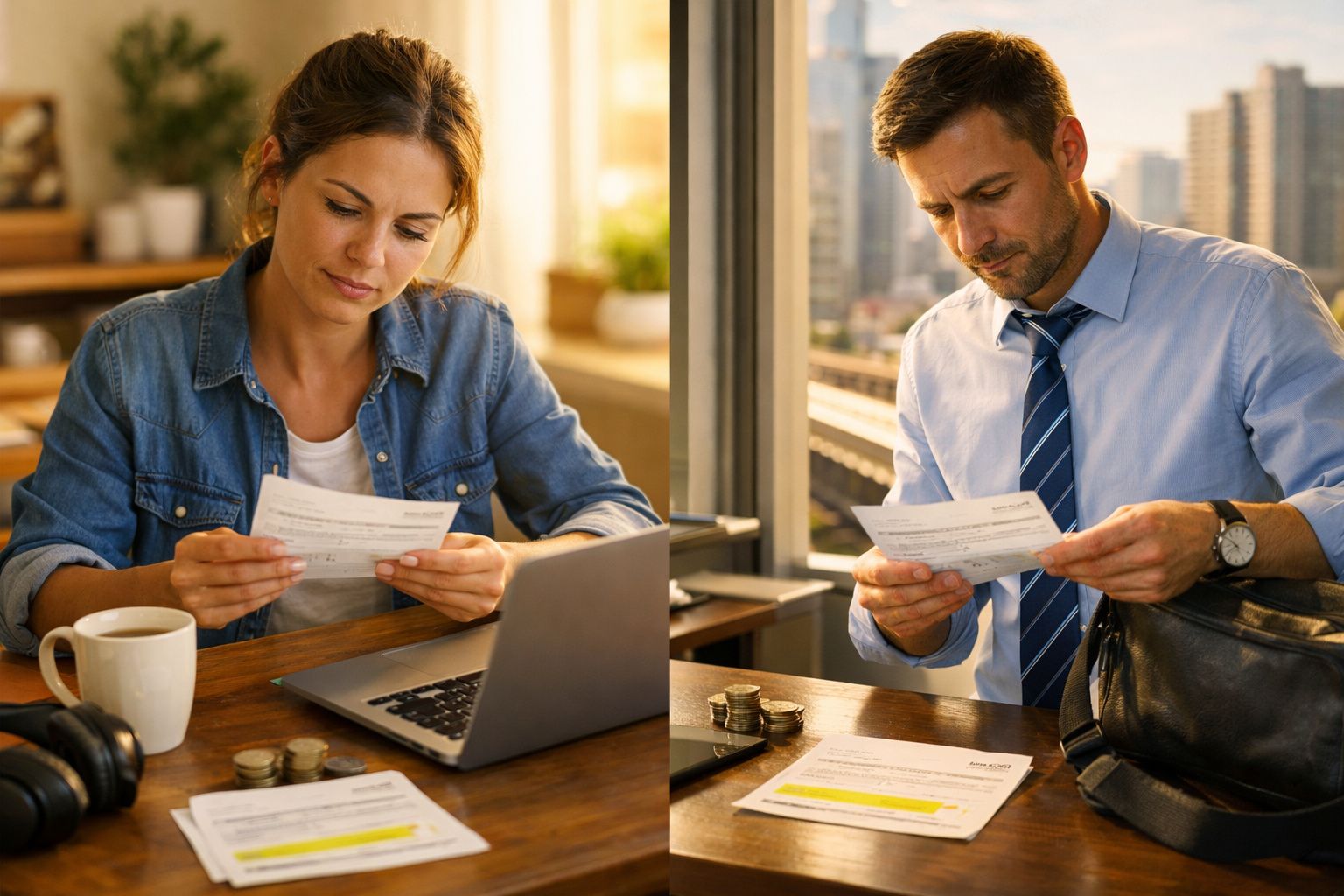 Mulher e homem a analisar documentos financeiros em ambientes diferentes com moedas e computador.
