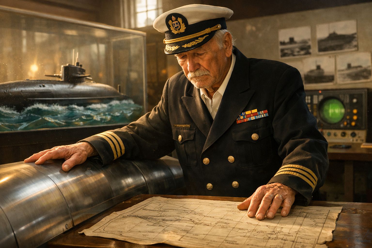 Homem idoso fardado de capitão naval estuda mapa náutico ao lado de modelo de submarino em sala de comando.