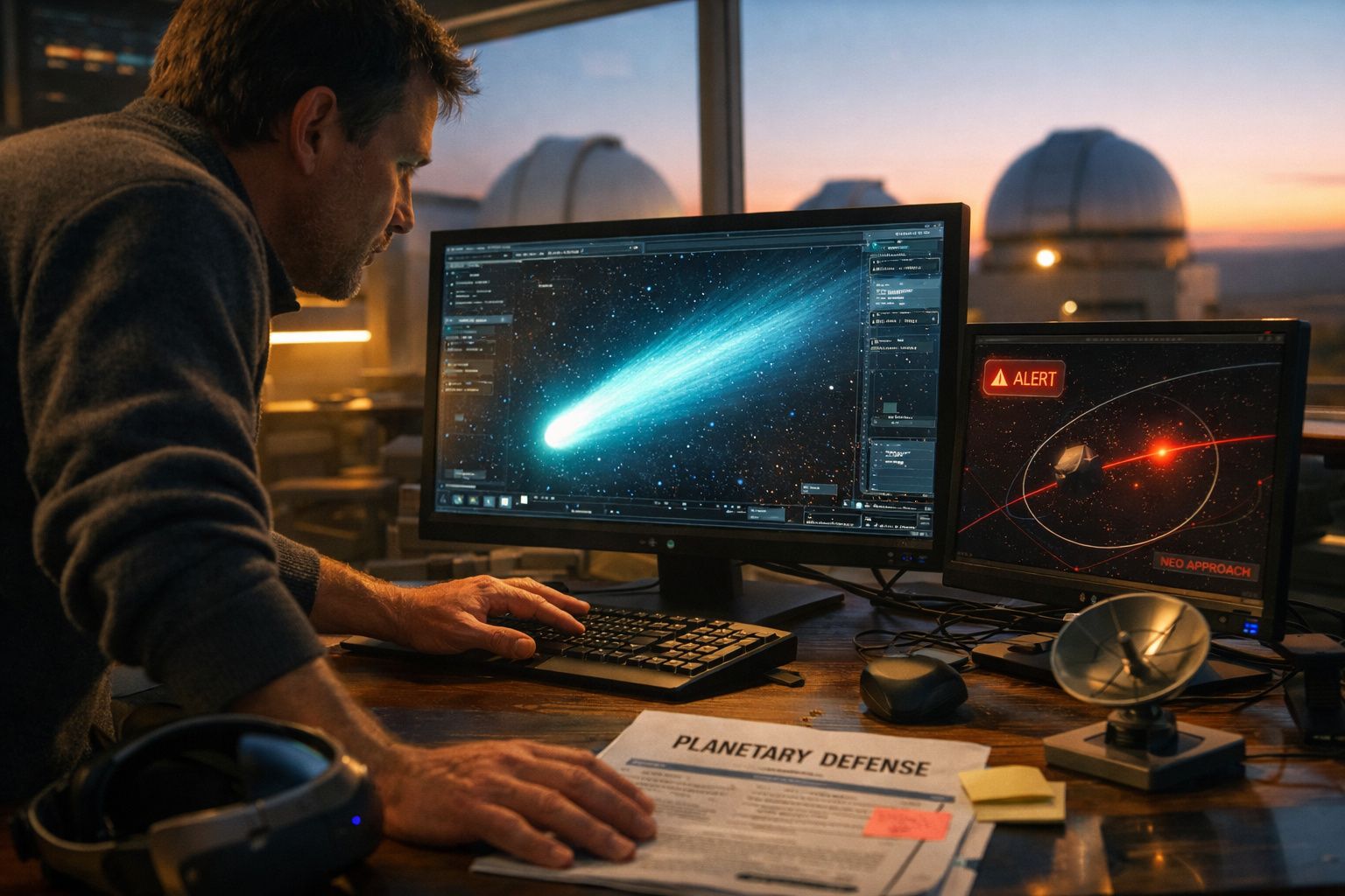 Homem analisa imagens de cometa e alerta de aproximação de objeto próximo à Terra em ecrãs de computador.