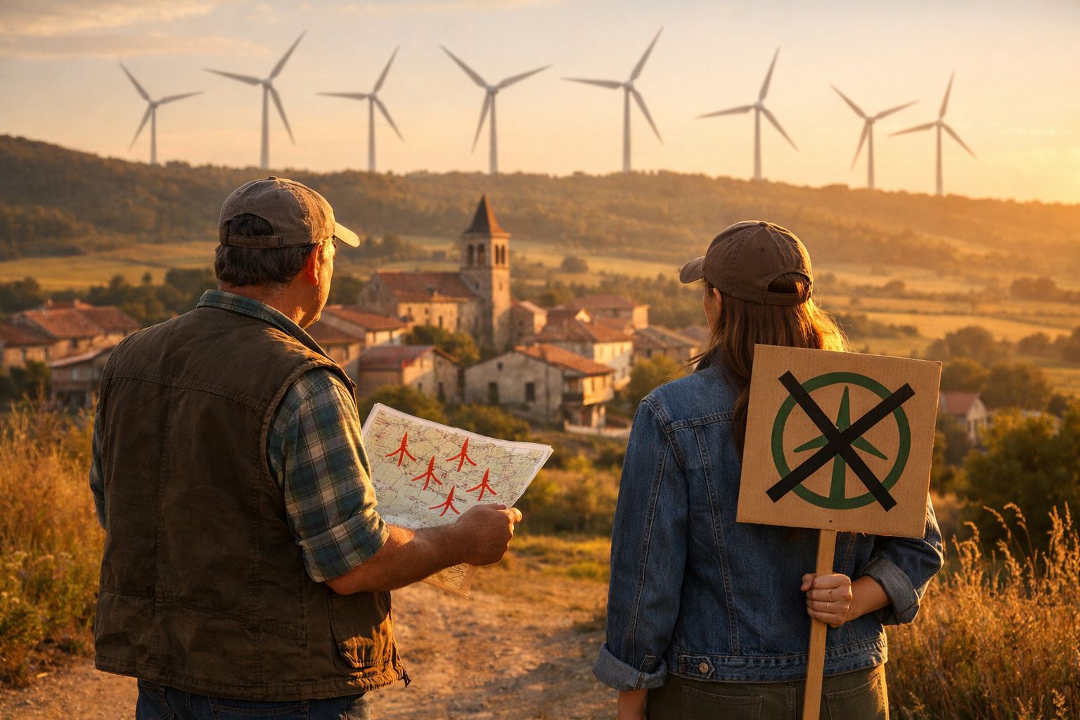 Duas pessoas observam um campo com aerogeradores ao pôr do sol, uma segura papel com desenhos e outra placa contra turbinas.
