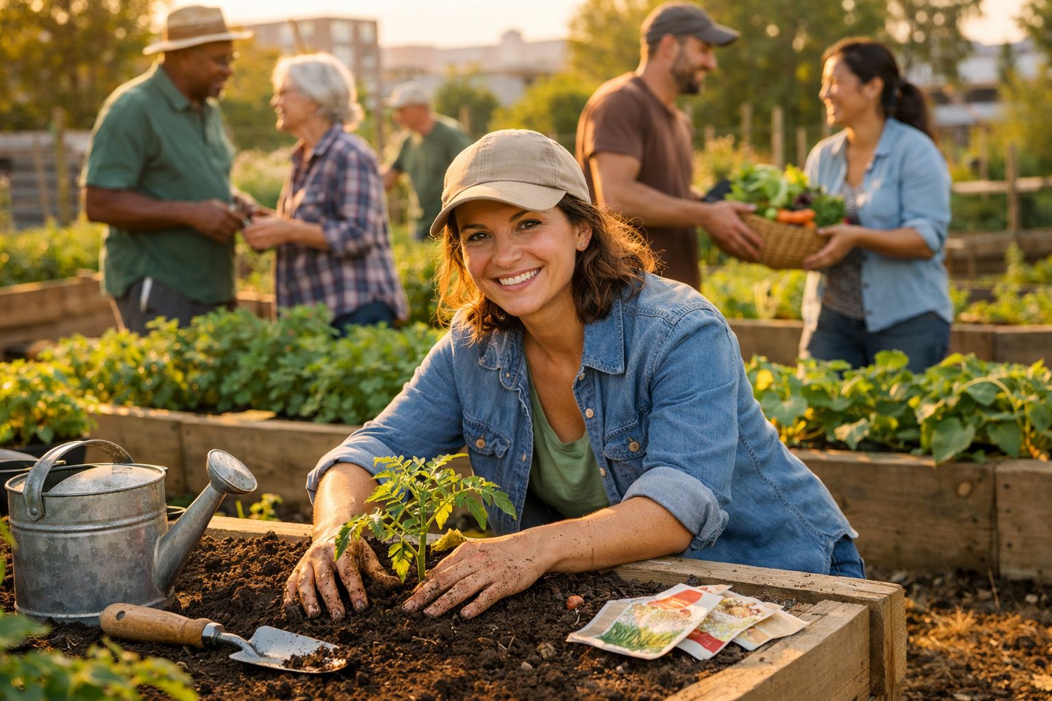 Mulher sorridente a plantar uma muda em quinta comunitária, com outras pessoas a trabalhar ao fundo.