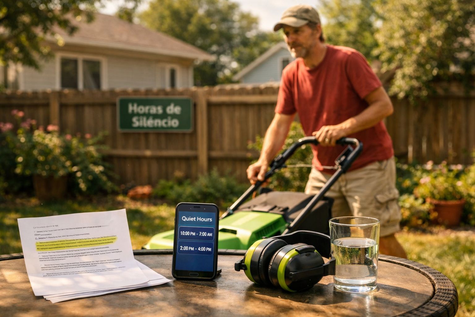 Homem a cortar relva durante horas em que é proibido barulho, com aviso de silêncio visível.