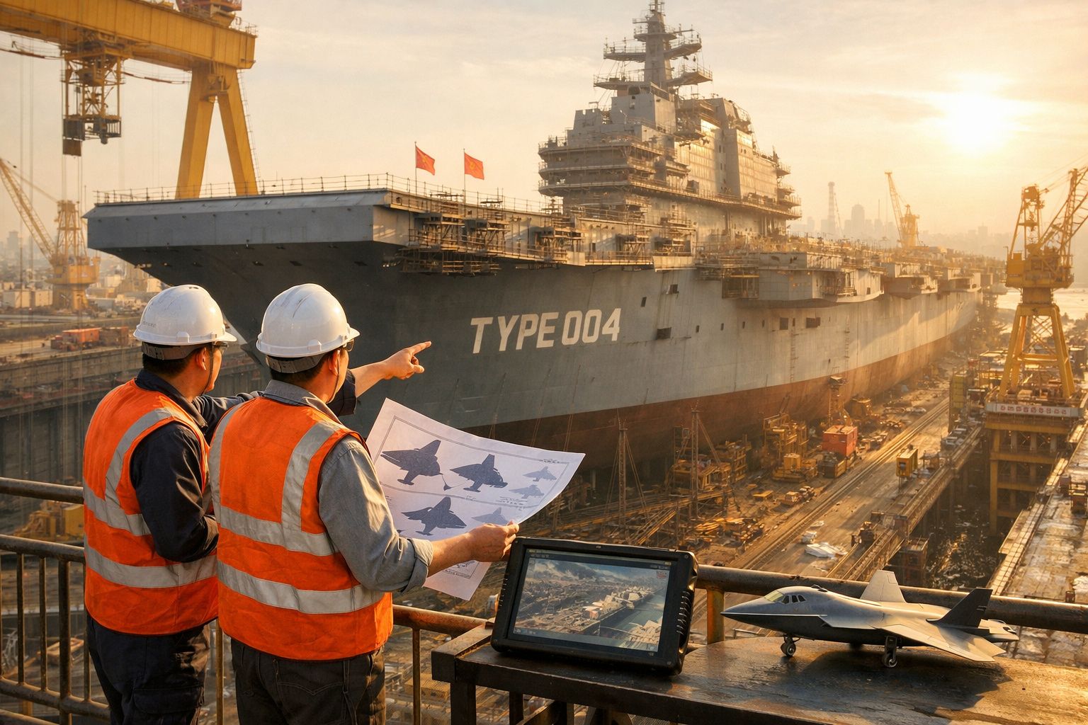 Dois operários com capacetes e coletes discutem planos junto a um porta-aviões no estaleiro ao pôr do sol.