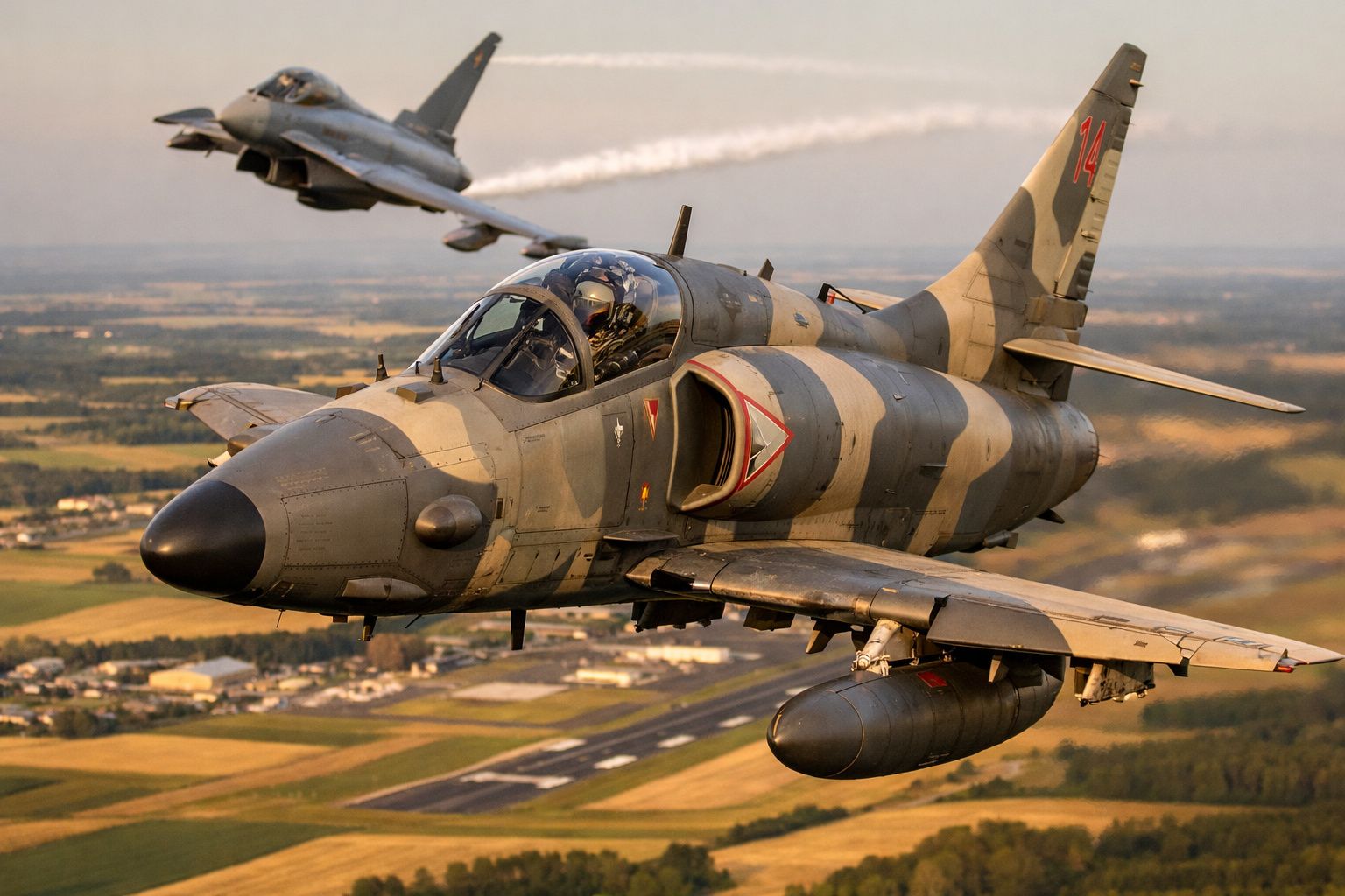 Dois aviões militares em voo sobre uma paisagem rural, com um avião camuflado em destaque.