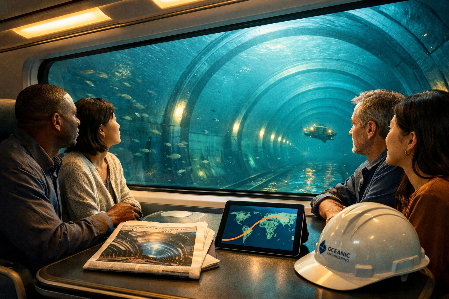 Quatro pessoas num comboio a observar peixes num túnel subaquático através de uma grande janela.