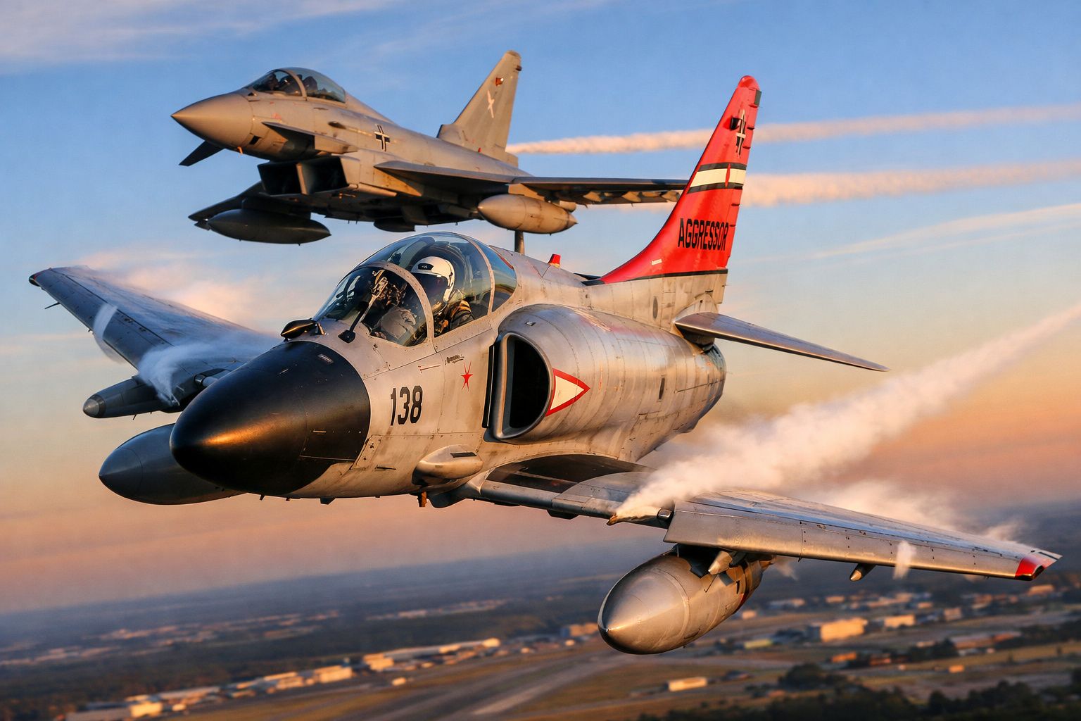 Dois jatos militares em voo durante o pôr do sol com rastos de contrail no céu.