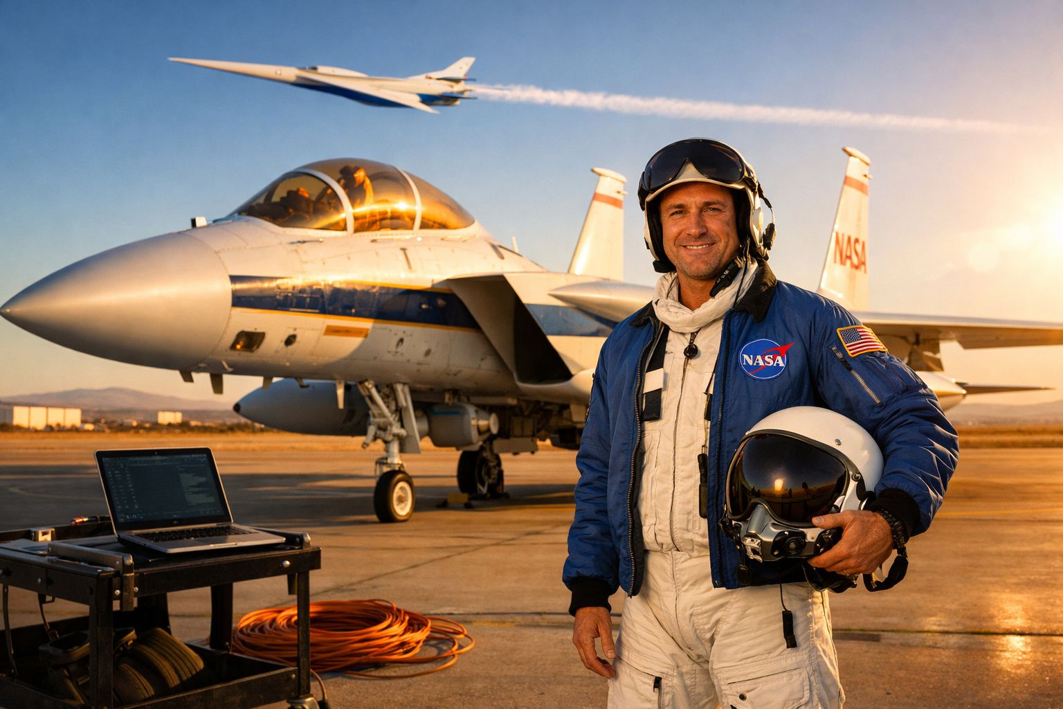Piloto da NASA sorridente com fato de voo azul junto a jato no aeroporto, com outro avião a voar ao fundo.