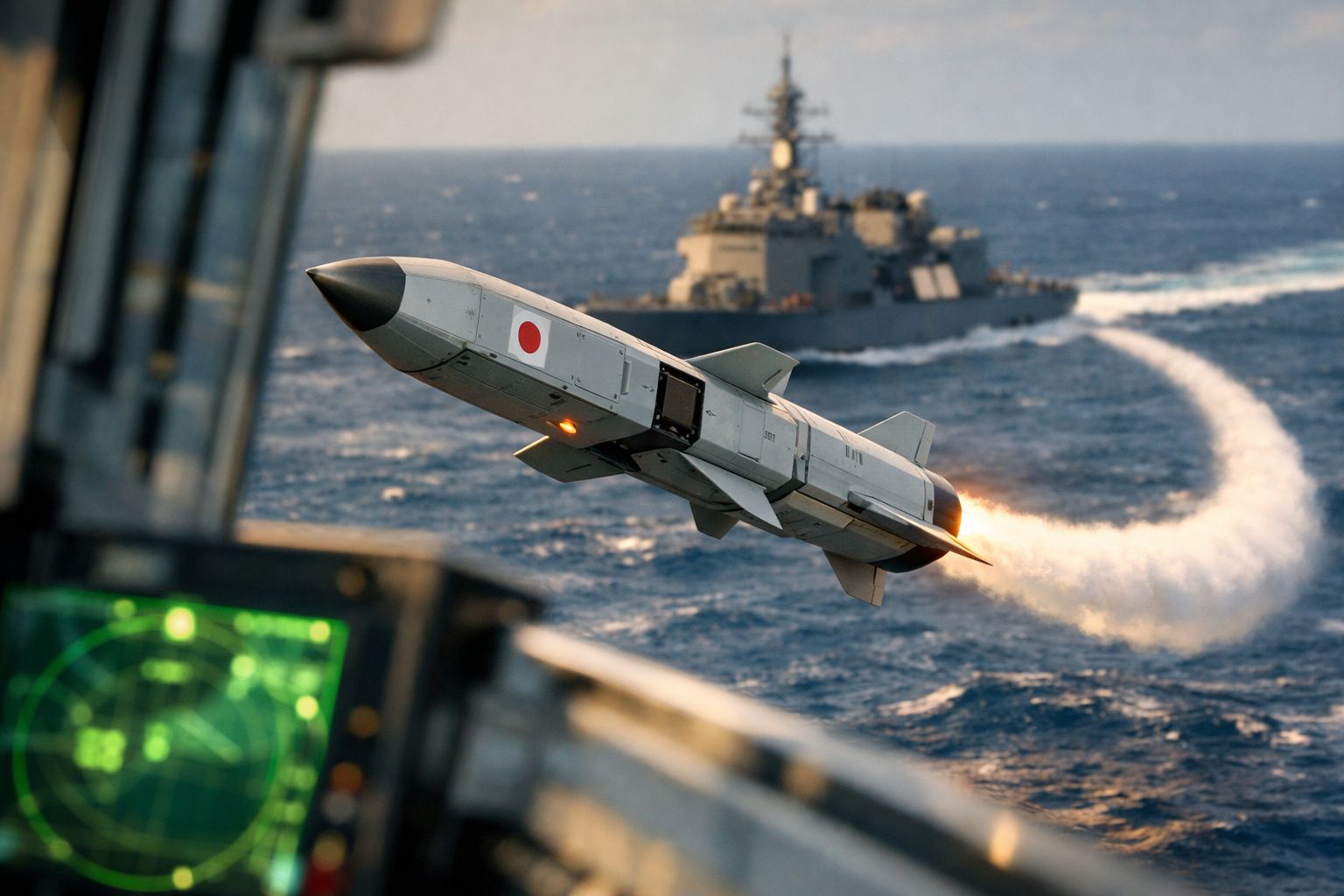 Míssil japonês lançado de um navio de guerra no mar aberto, com rasto de fumo visível.