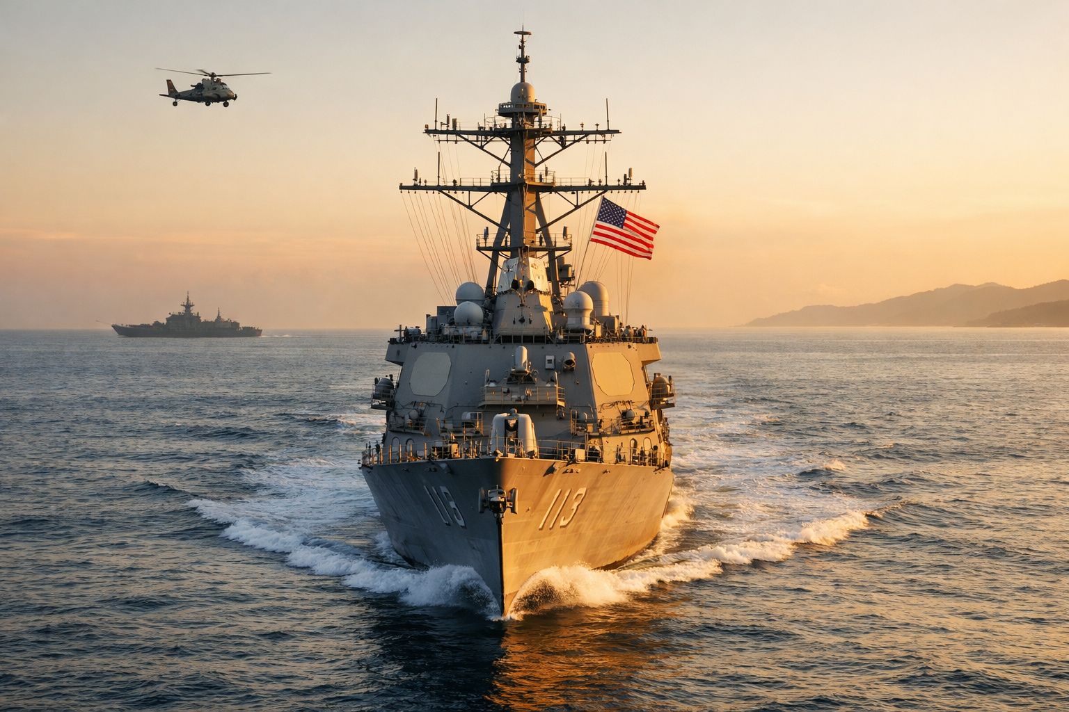 Navio de guerra estadunidense a navegar no mar ao pôr do sol com helicóptero e outro navio ao fundo.