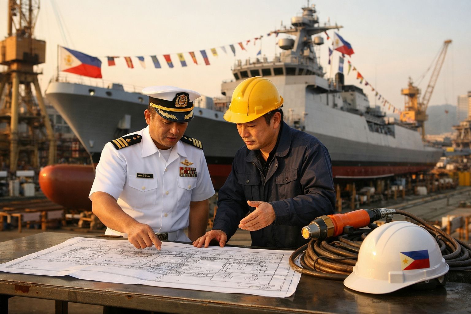 Dois homens, um oficial naval e um trabalhador com capacete, analisam plantas junto a um navio militar no estaleiro.