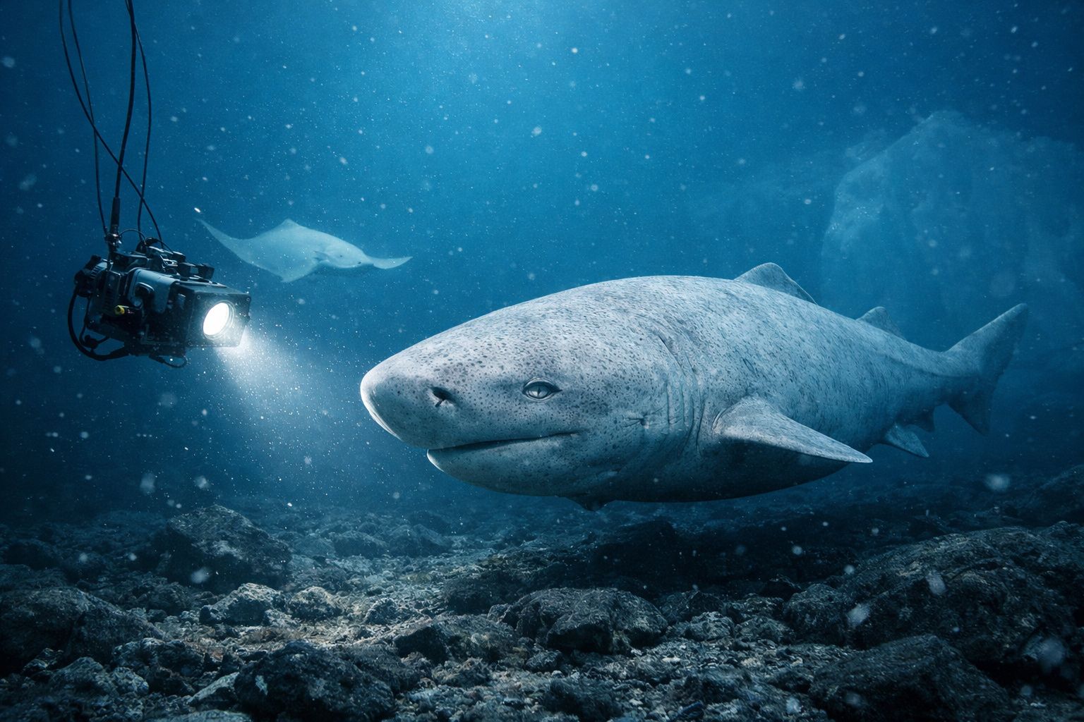 Câmara subaquática a filmar tubarão cinzento gigante junto ao fundo rochoso do oceano.