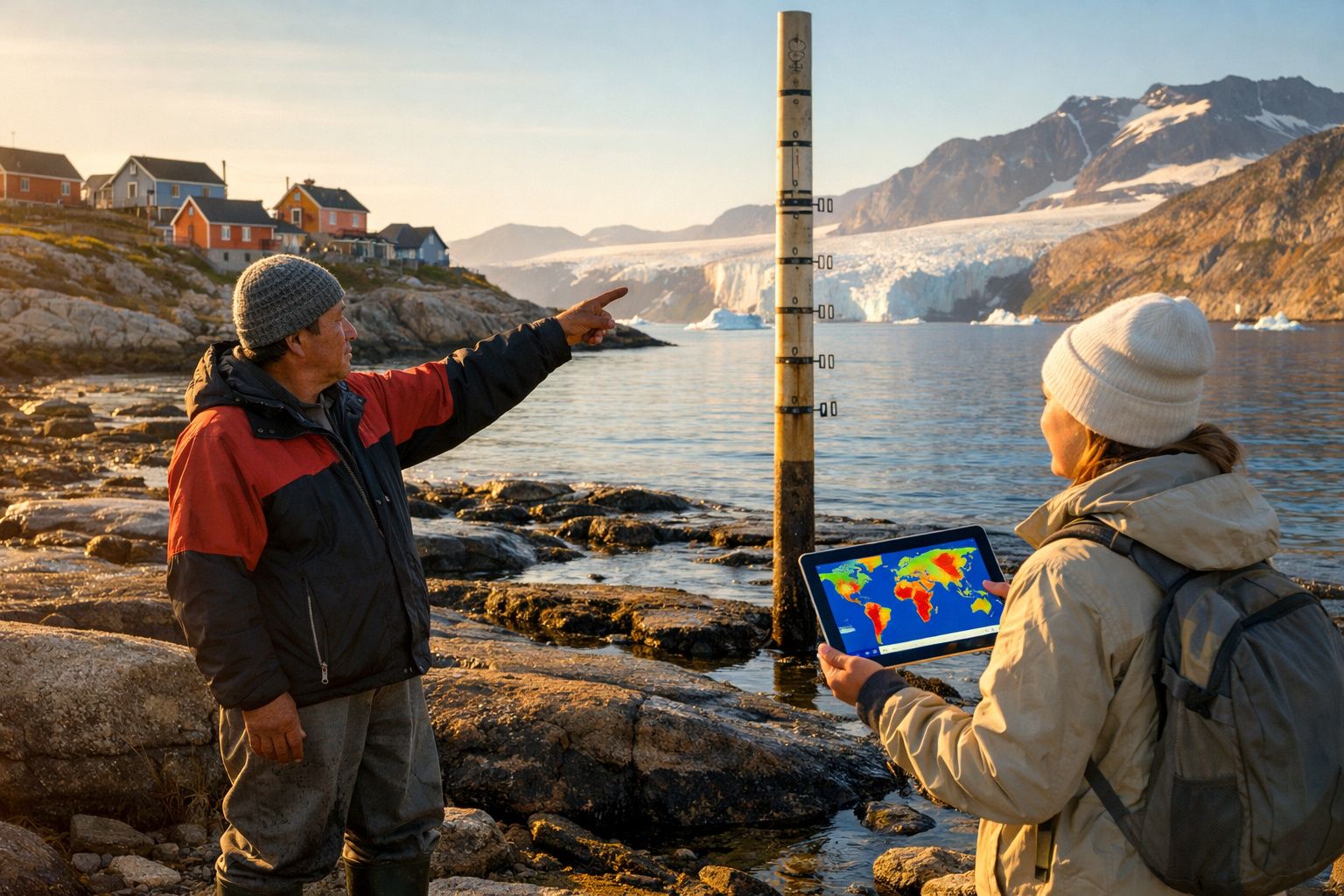 Duas pessoas junto à costa rochosa observam um medidor de altura da água com glaciares e montanhas ao fundo.