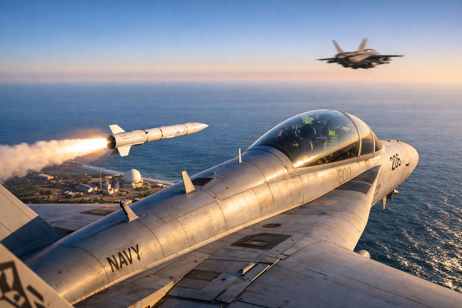 Avião militar da marinha a lançar míssil perto da costa, com outro caça ao fundo no céu azul.
