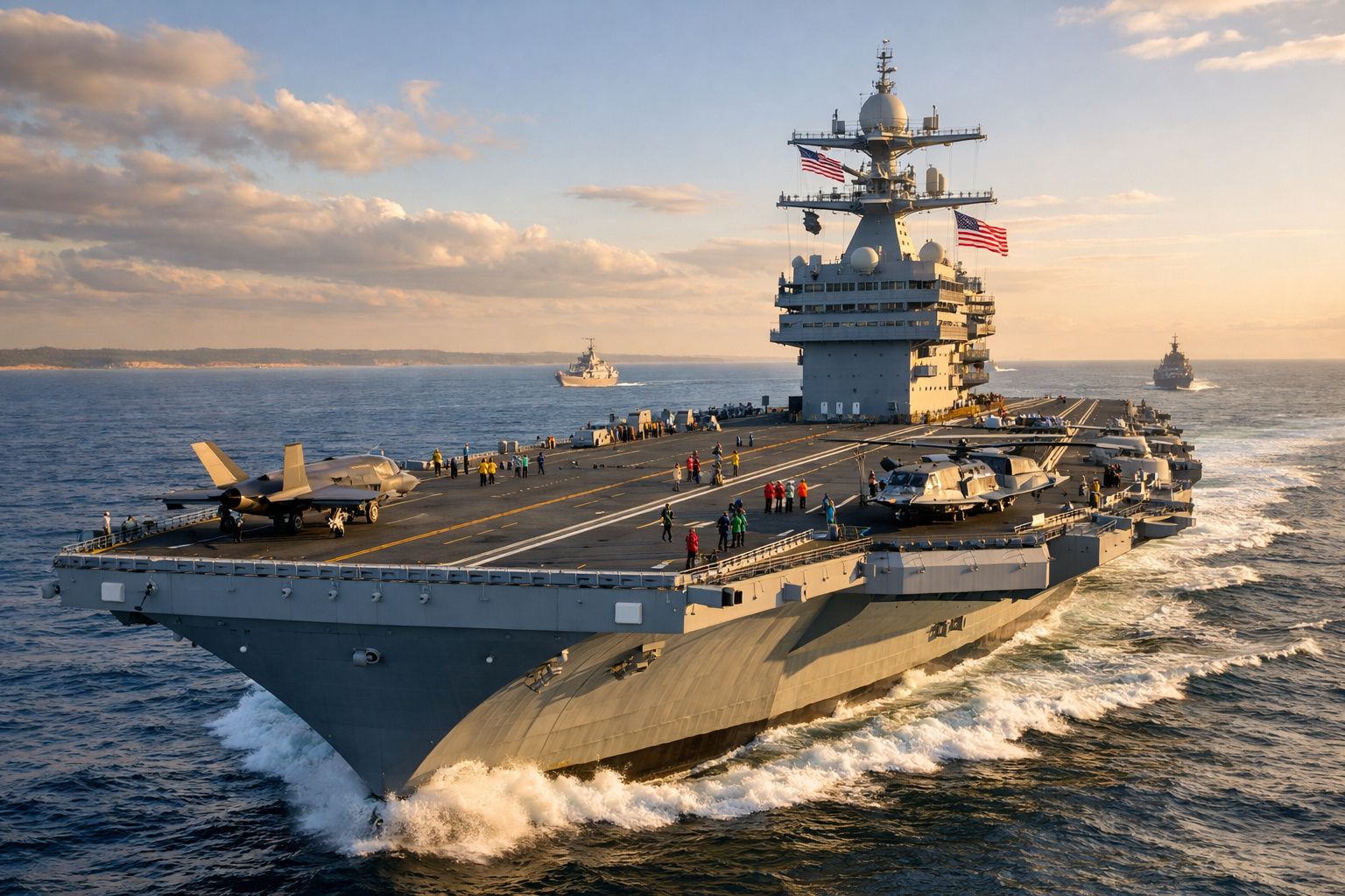 Porta-aviões militar com aviões e helicópteros a navegar no mar durante o pôr do sol.