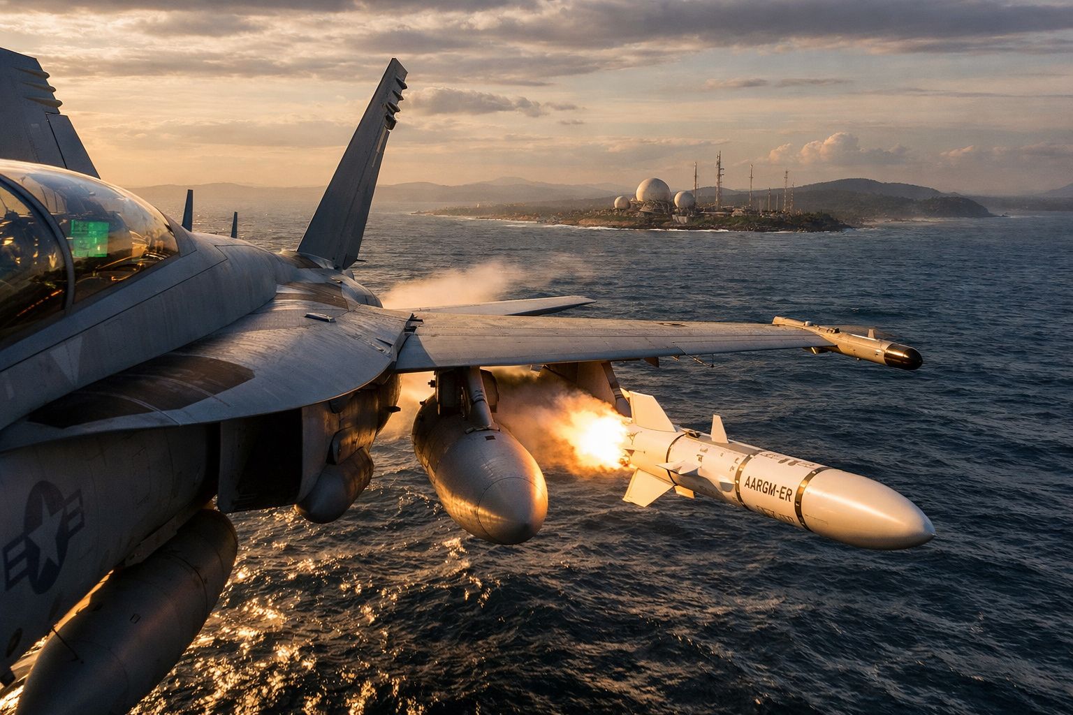 Caça militar F/A-18 Hornet a disparar míssil AARGM-ER sobre o mar ao pôr do sol.