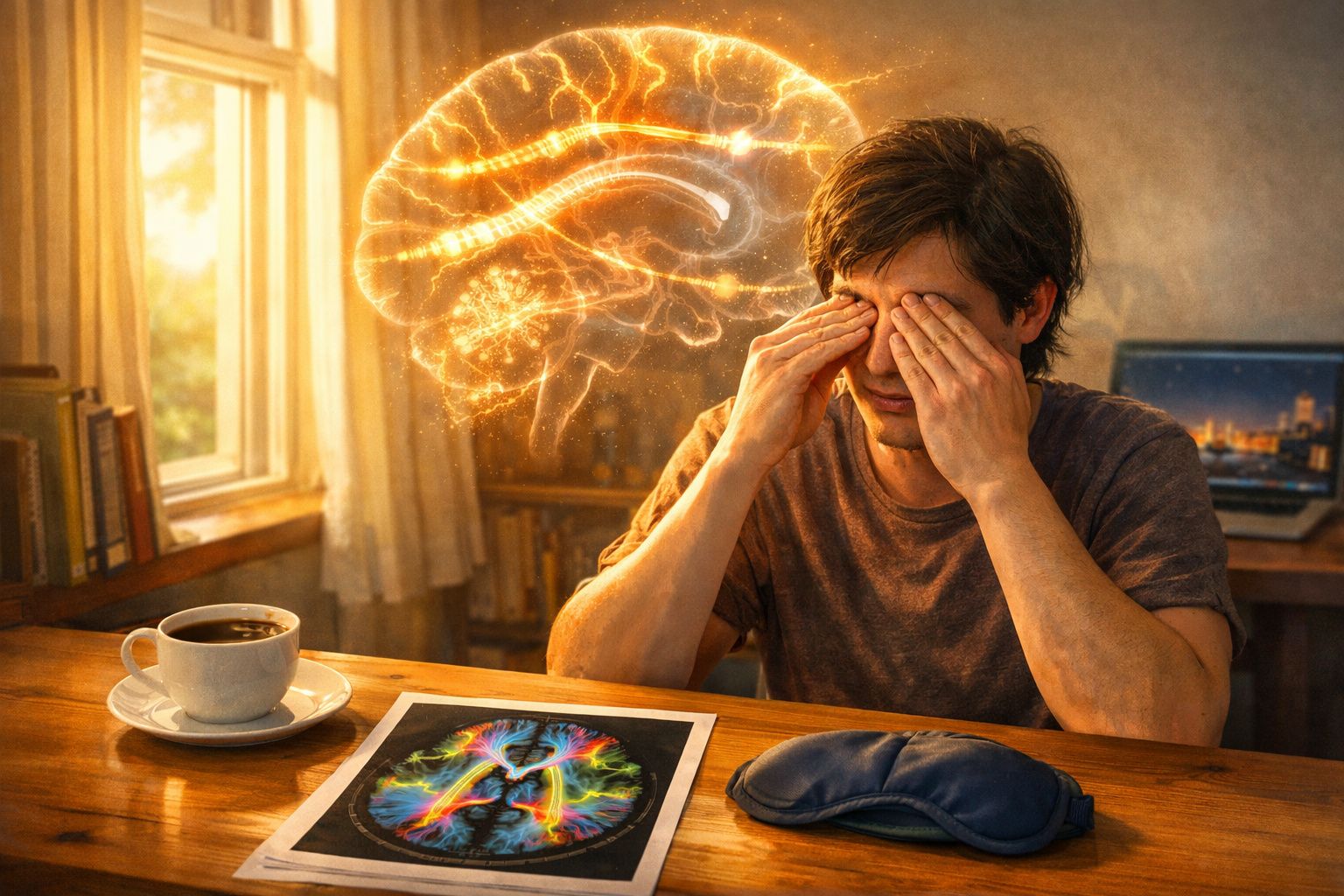 Homem sentado a massagear os olhos com ilustração luminosa do cérebro e imagem de exames neurológicos numa mesa.