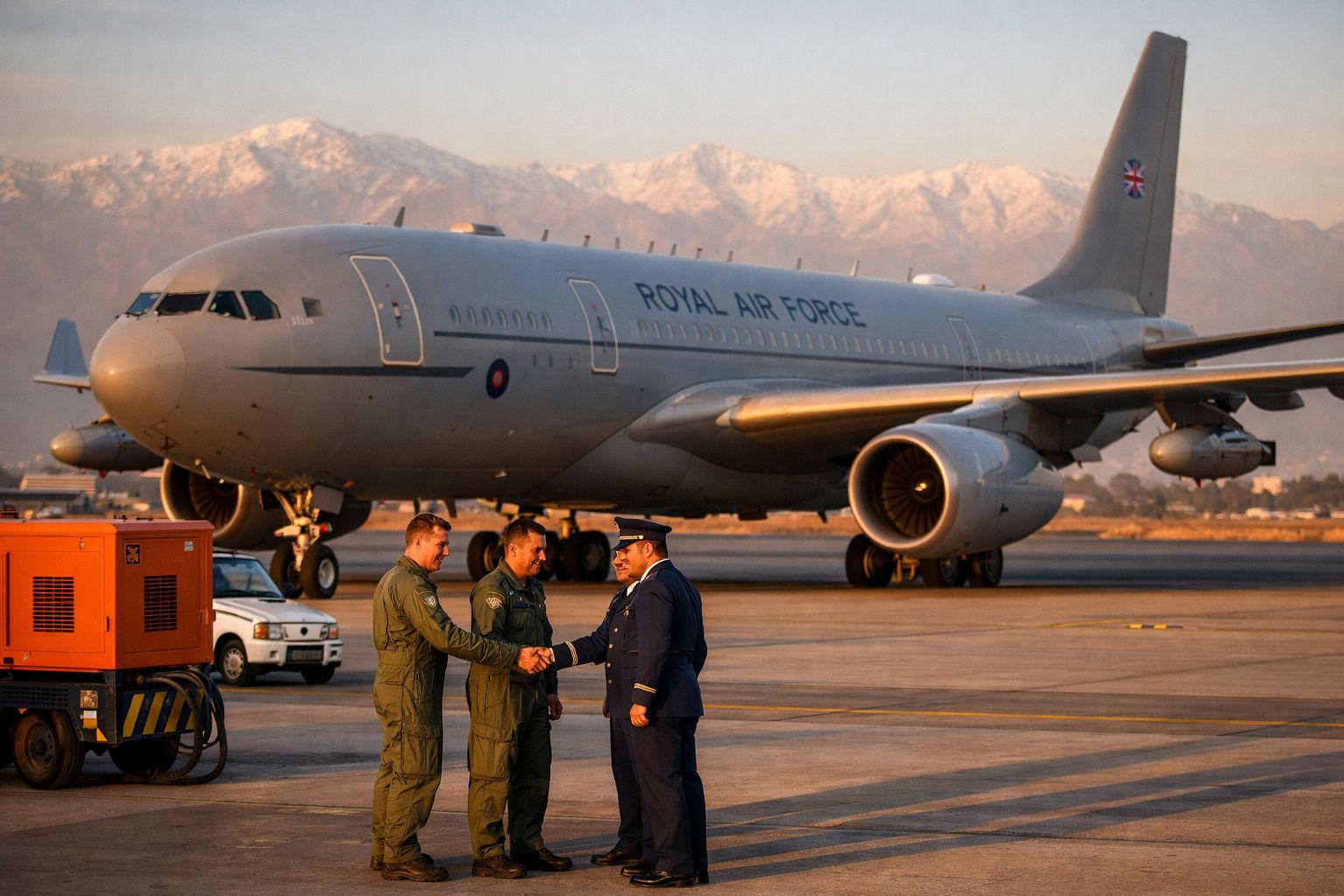 Avião militar da Royal Air Force estacionado com três oficiais da força aérea a cumprimentar-se na pista.