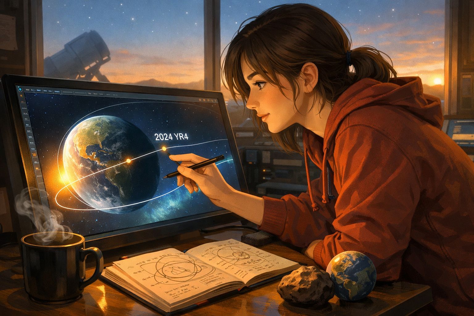 Jovem a estudar a trajetória de um asteroide no ecrã, com livros e modelo da Terra numa mesa.