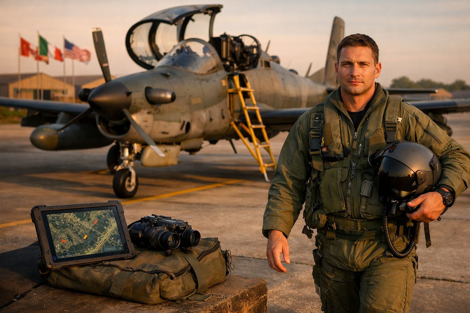 Piloto militar com fato de voo e capacete à mão junto a avião de caça estacionado em pista.