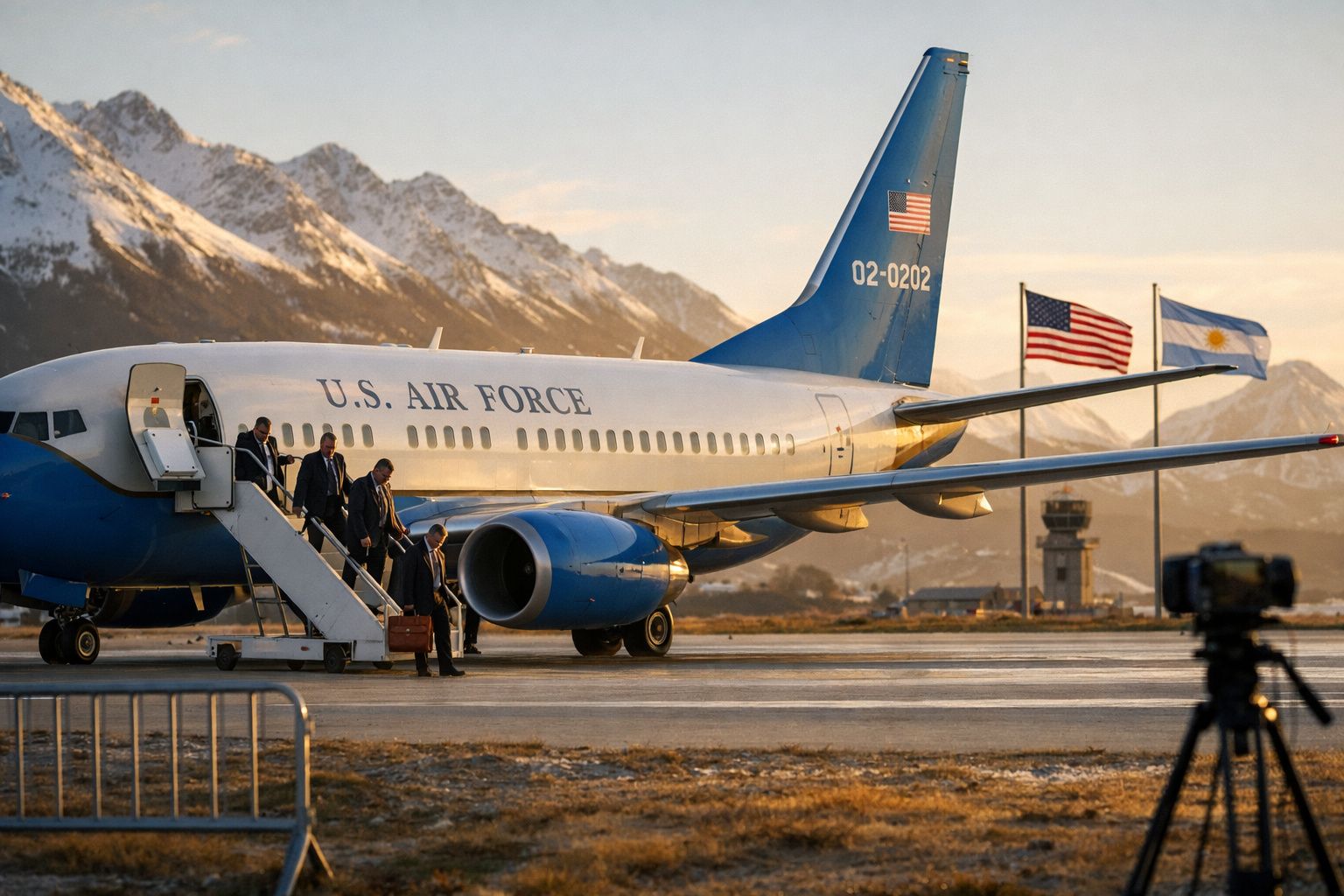 Avião U.S. Air Force numa pista de aeroporto com pessoas a desembarcar e montanhas ao fundo.