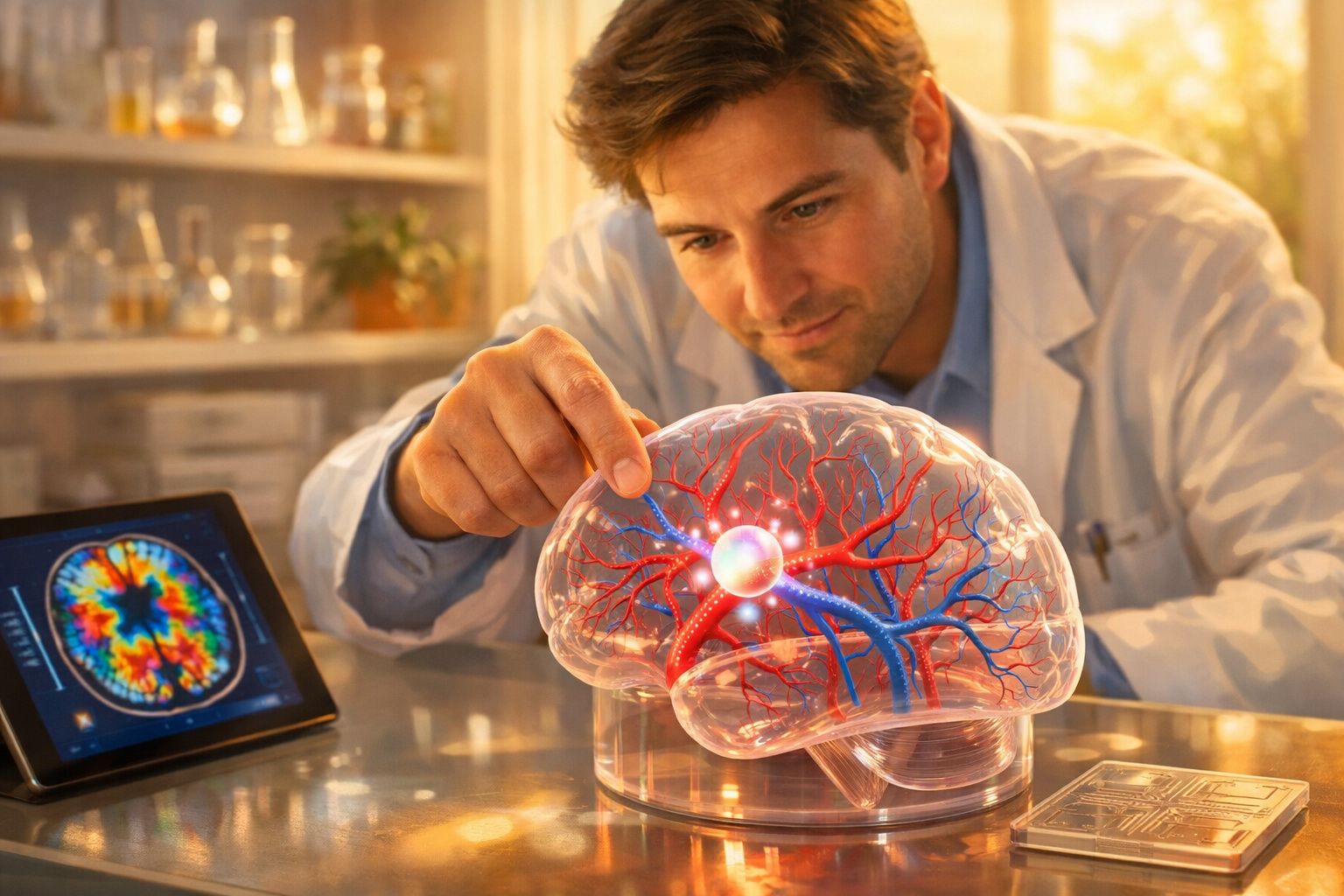 Cientista a examinar um modelo transparente do cérebro com vasos sanguíneos vermelhos e azuis iluminados.