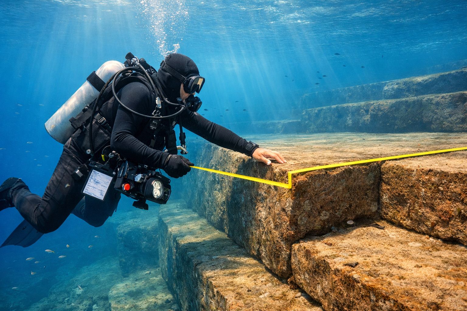 Mergulhador com equipamento técnico mede ruínas subaquáticas em pedra com fita métrica amarela.
