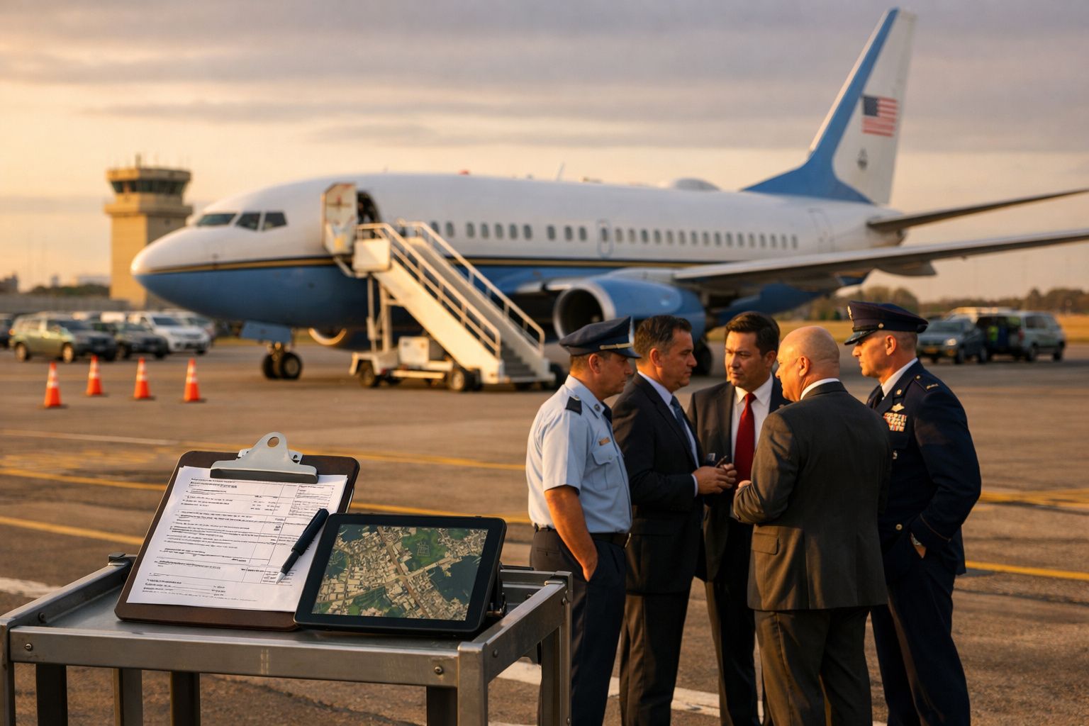 Quatro homens em uniforme e fato junto a avião e equipamento com mapa e documentos numa pista de aeroporto.