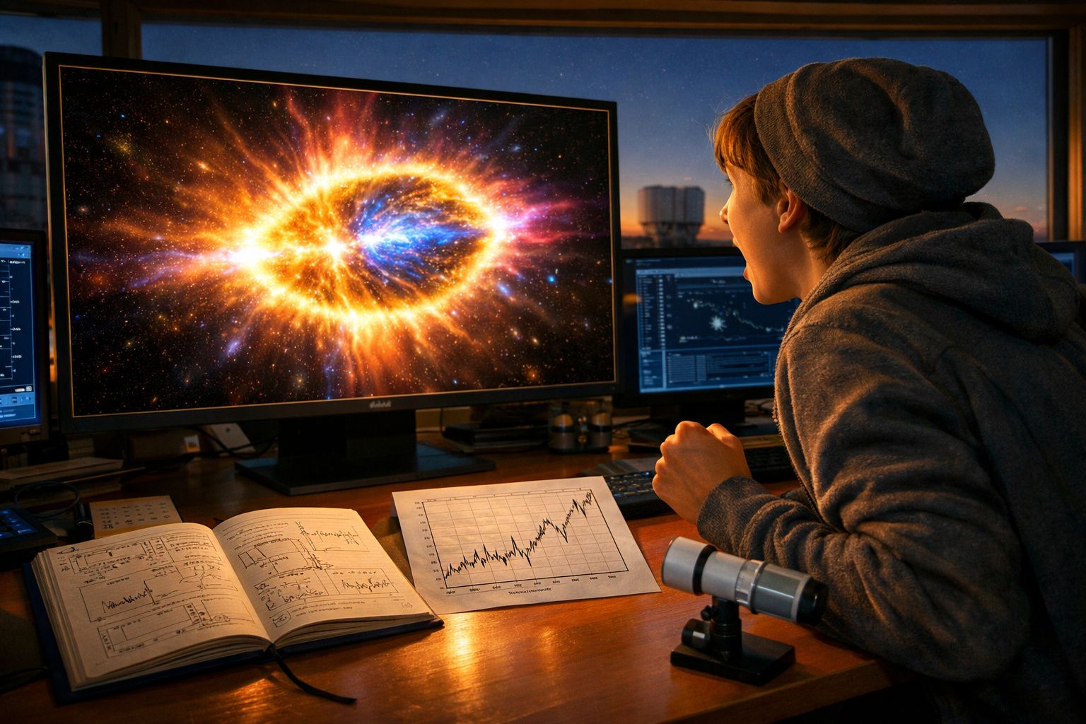 Pessoa entusiasmada a observar fenómeno cósmico num ecrã, com gráficos e caderno de notas numa mesa.