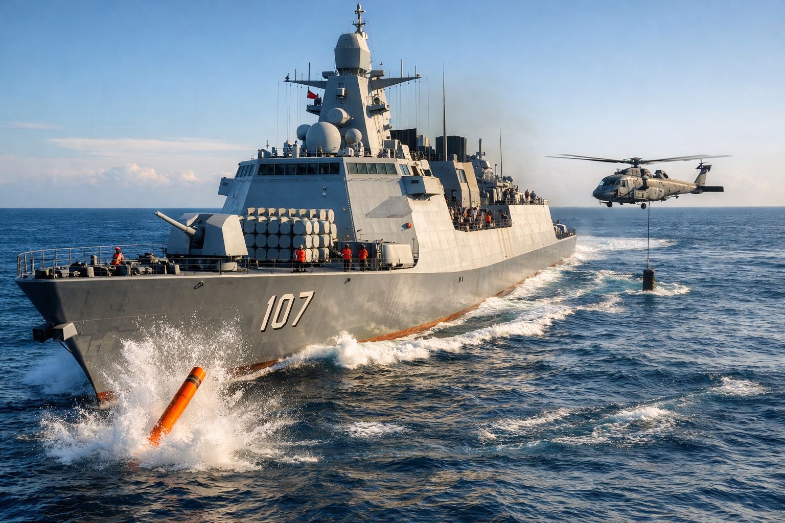 Navio militar cinzento com o número 107 e helicóptero a levantar carga no mar calmo ao entardecer.