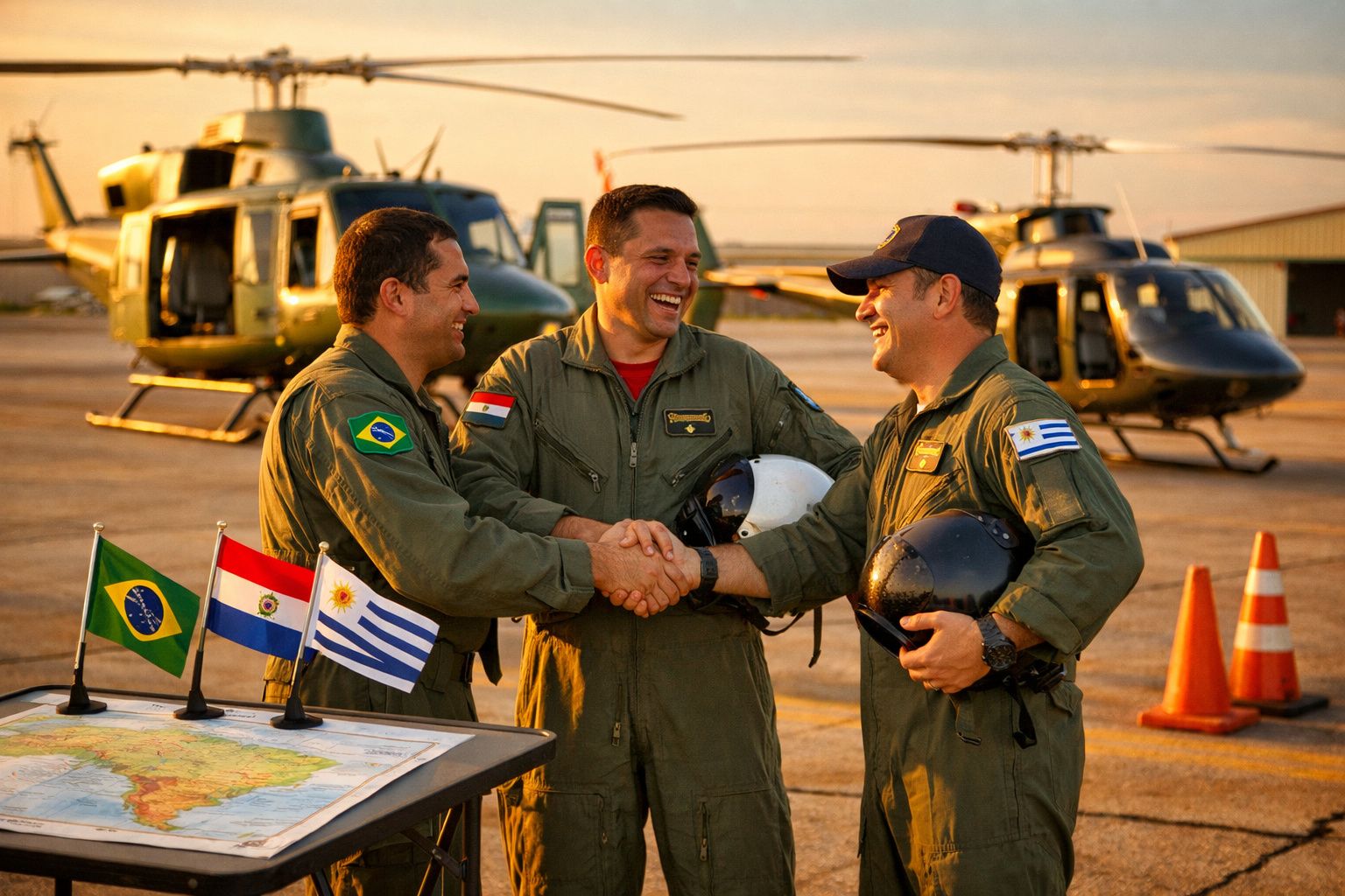 Pilotos de helicóptero com insígnias do Brasil, Paraguai e Uruguai apertam as mãos num aeroporto ao pôr do sol.