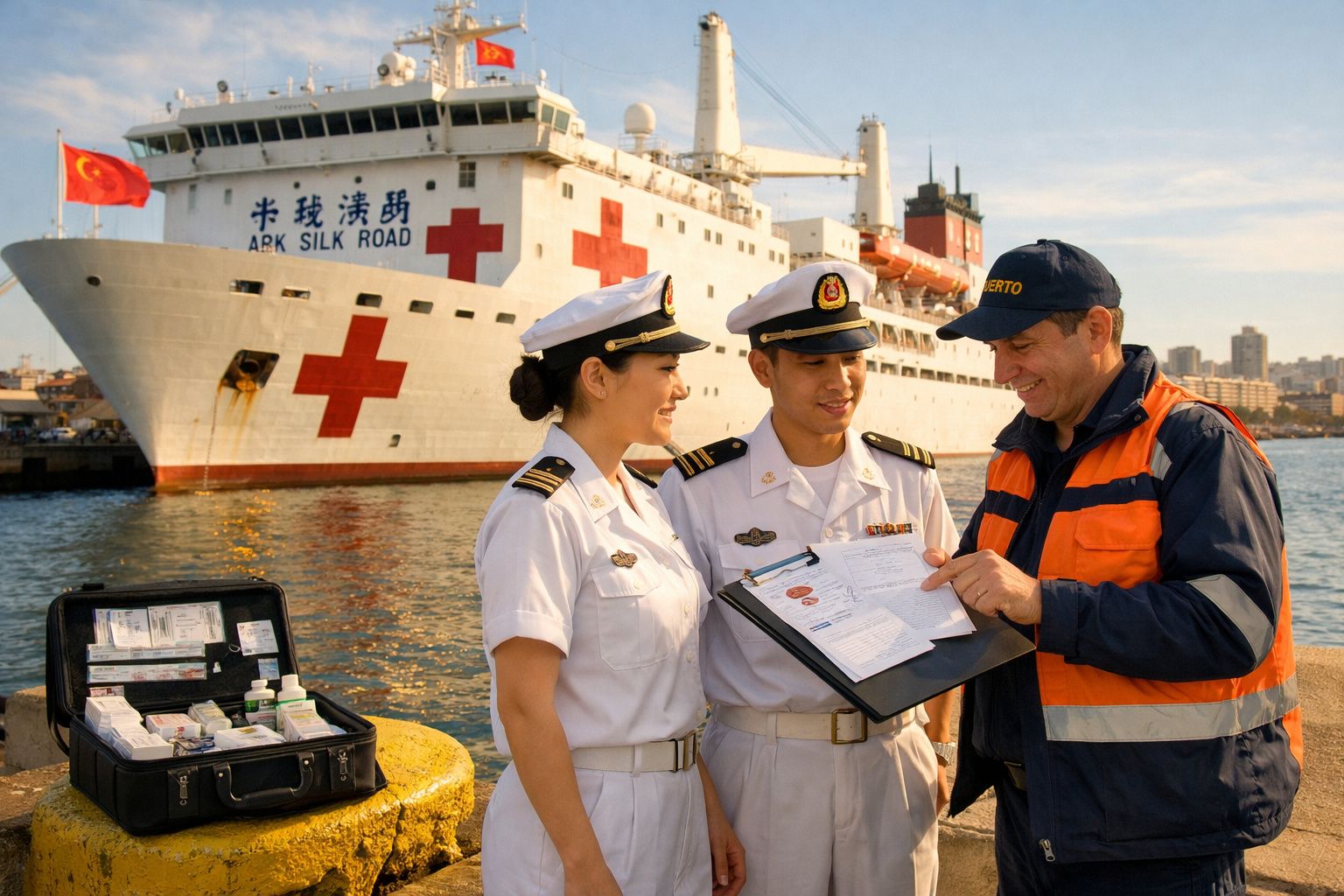 Dois oficiais navais e um trabalhador portuário consultam documentos em frente a um navio hospital com cruzes vermelhas.