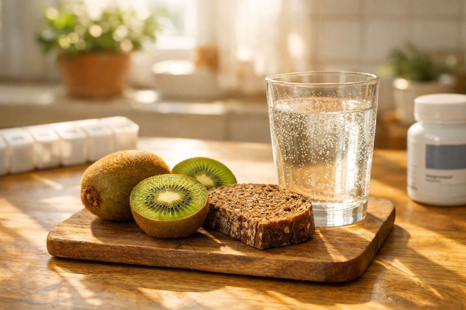 Mesa de madeira com kiwis, fatia de pão integral e copo de água com bolhas ao sol.
