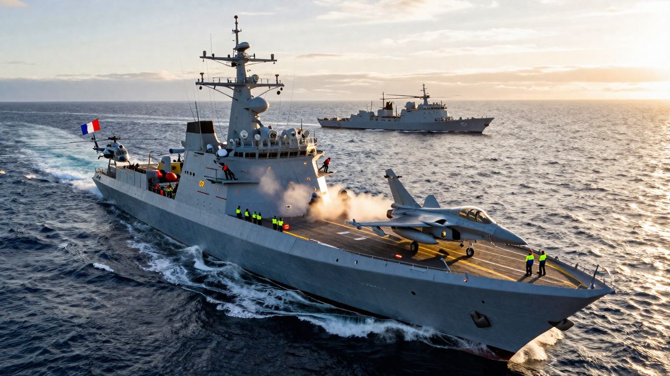 Fragata francesa a lançar míssil no mar com outro navio militar ao fundo ao pôr do sol.