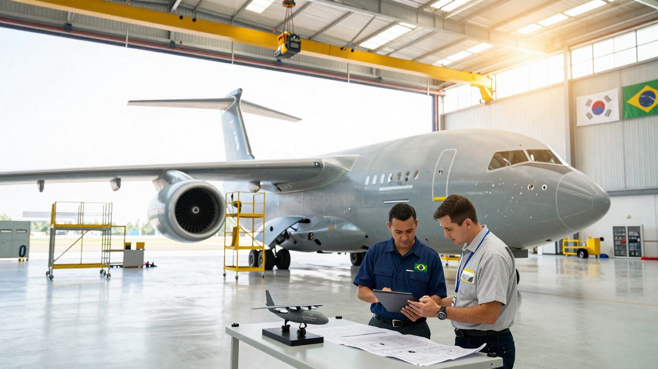 Dois engenheiros analisam planos junto a um avião numa hangar de manutenção com bandeiras do Brasil e Coreia.