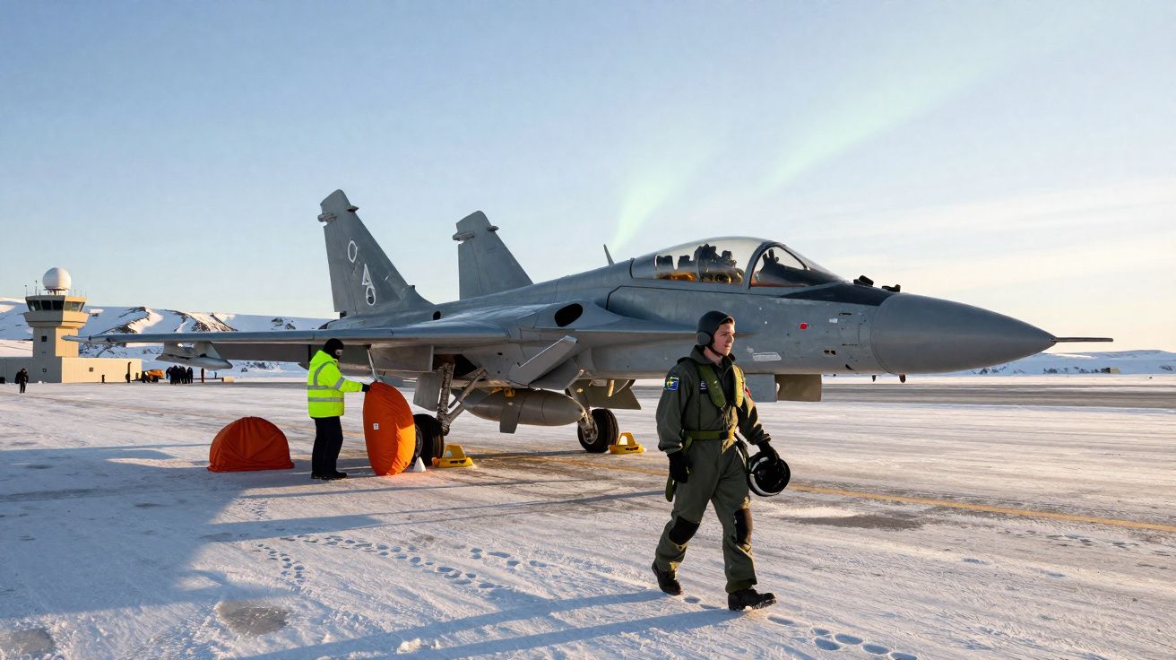 Caça militar cinzento estacionado numa pista coberta de neve com piloto a caminhar à frente.