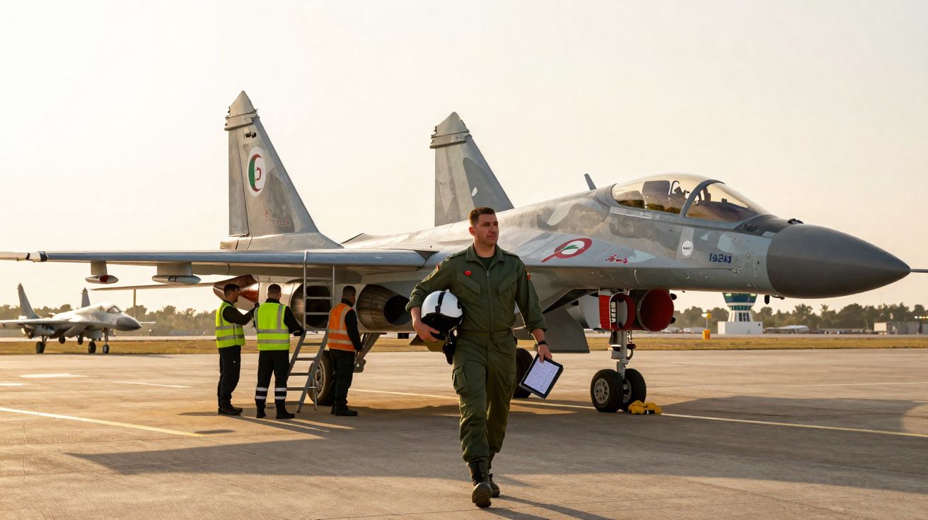 Piloto militar com fato de voo verde, capacete e ficha na mão caminha junto a avião de caça num aeroporto ao amanhecer.