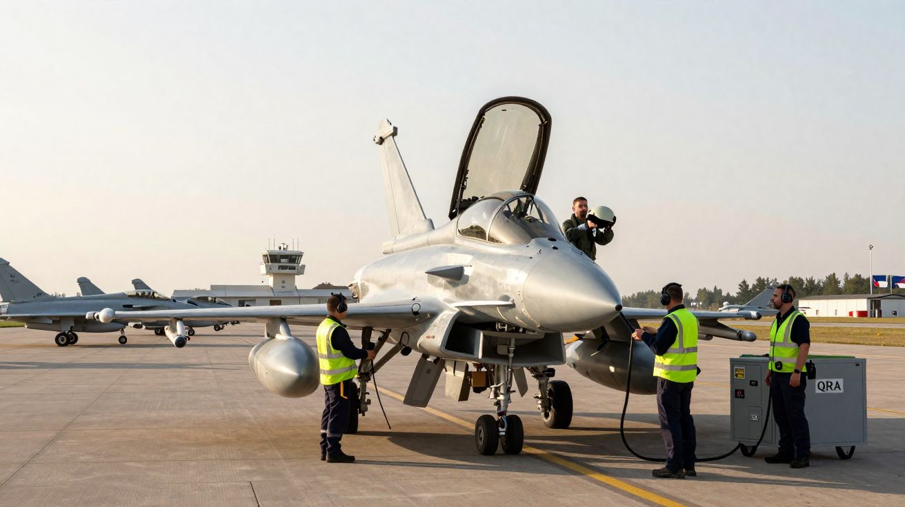 Caça militar estacionado em pista com piloto a sair e técnicos a realizar inspeção e abastecimento.