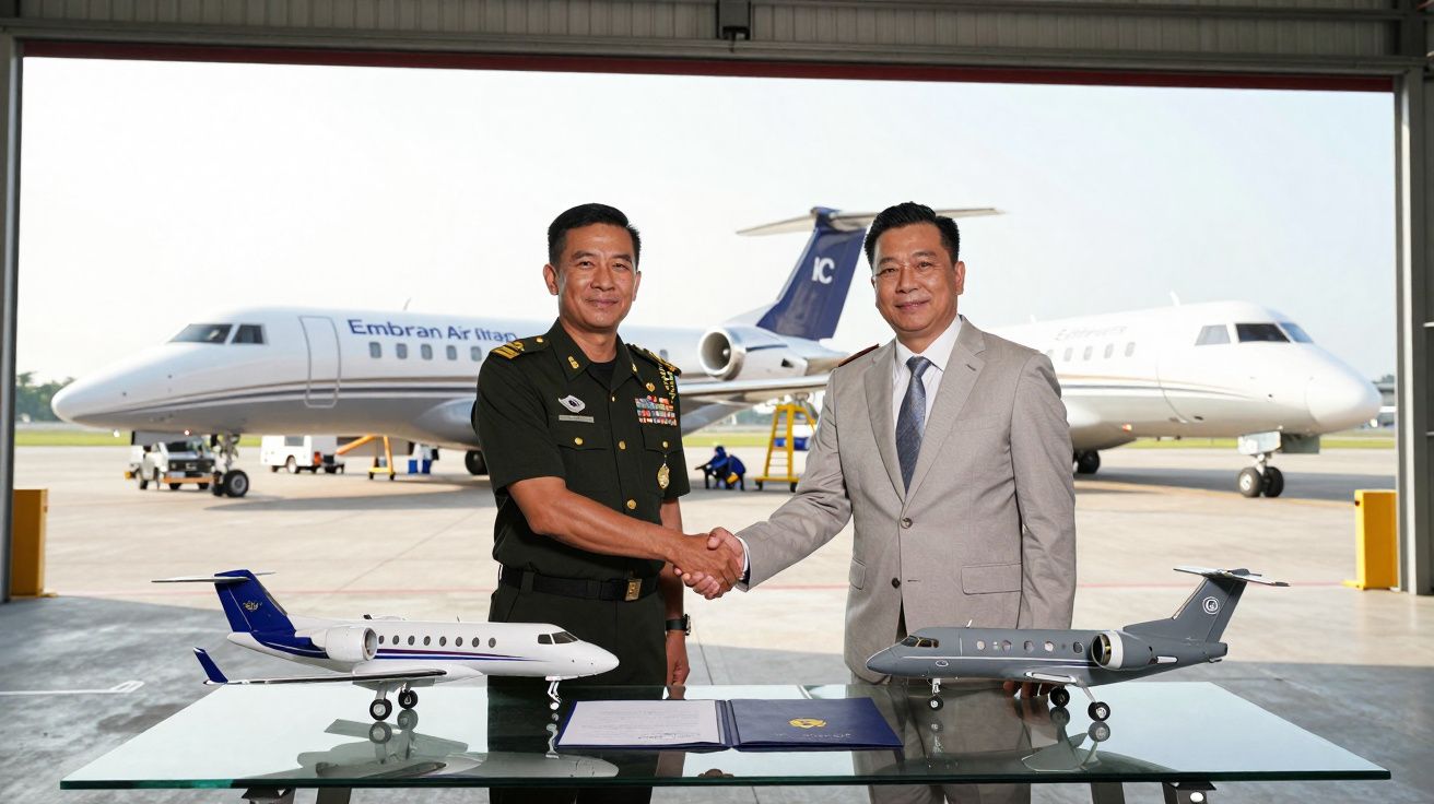 Dois homens a apertar as mãos junto a modelos de aviões, com jatos reais ao fundo numa garagem de aeronaves.