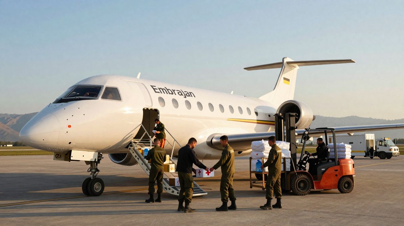 Avião Embraer branco a carregar caixas e mantimentos no aeroporto com vários homens em uniforme.