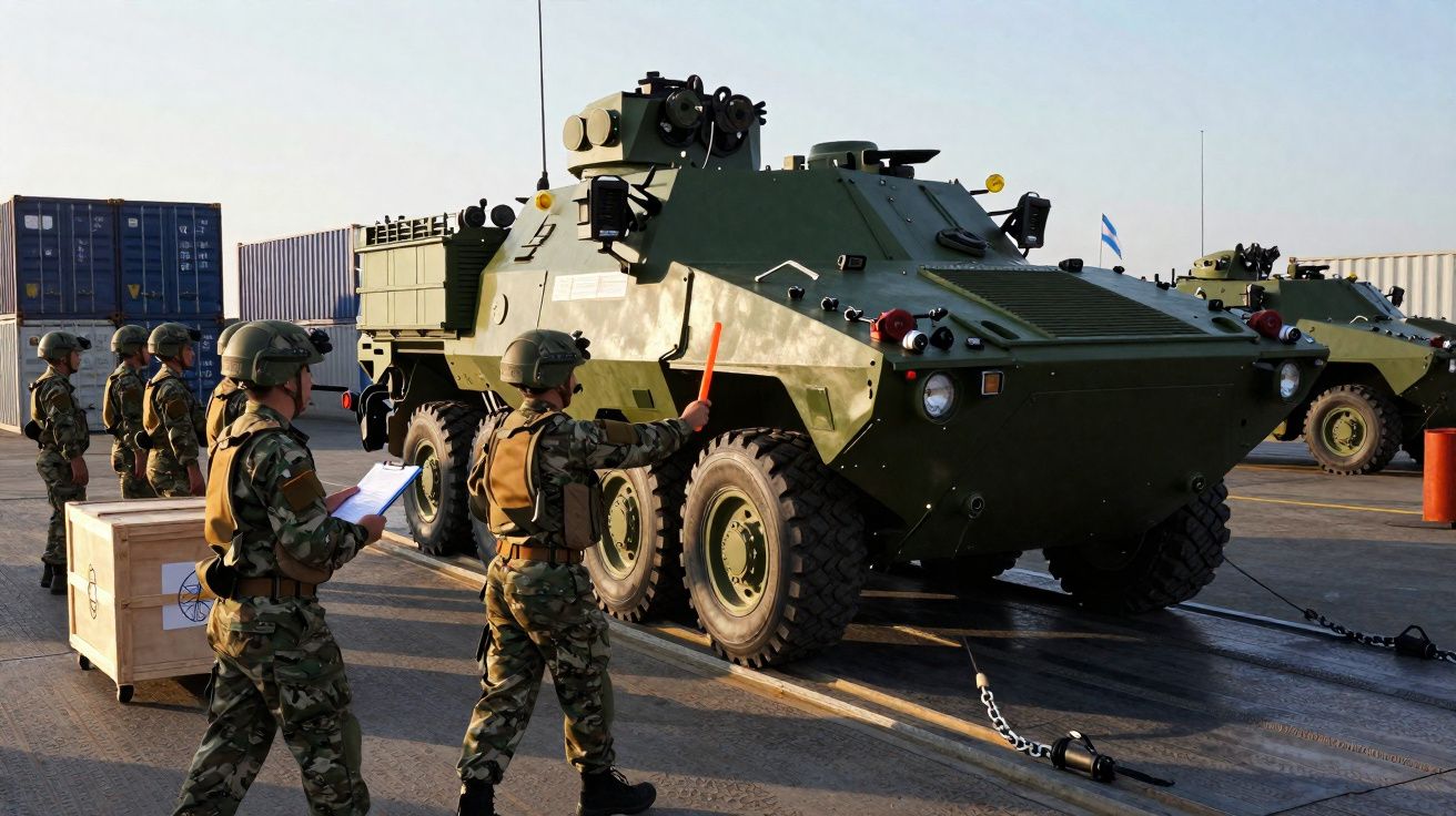 Militares em uniforme camuflado dirigem veículo blindado verde numa área com contentores.
