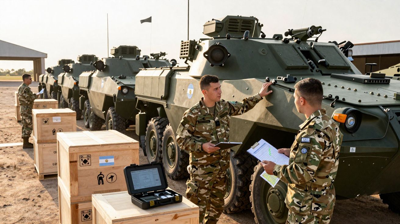Soldados verificam veículos blindados e caixas de madeira num pátio militar ao ar livre.