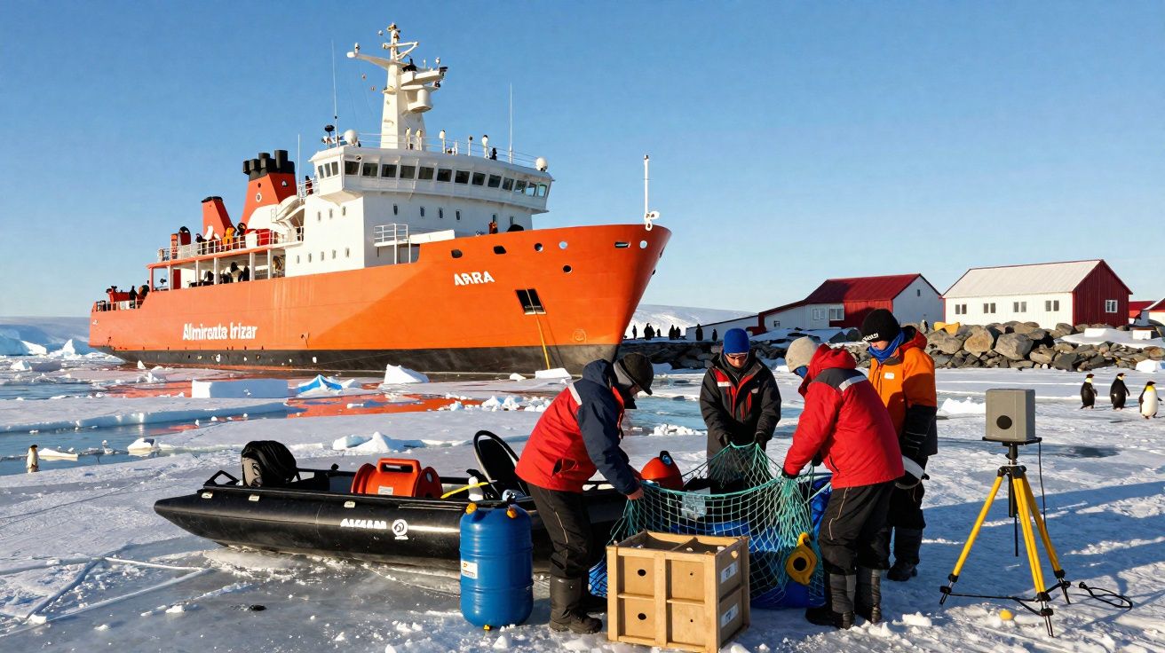 Equipa em roupa de frio manuseia equipamento científico em gelo perto de barco laranja e casas em ambiente polar.